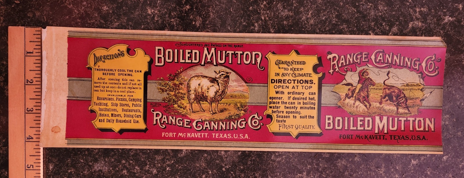 1890's VINTAGE CAN LABEL BOILED MUTTON RANGE CANNING CO. FORT MCKAVETT, TEXAS
