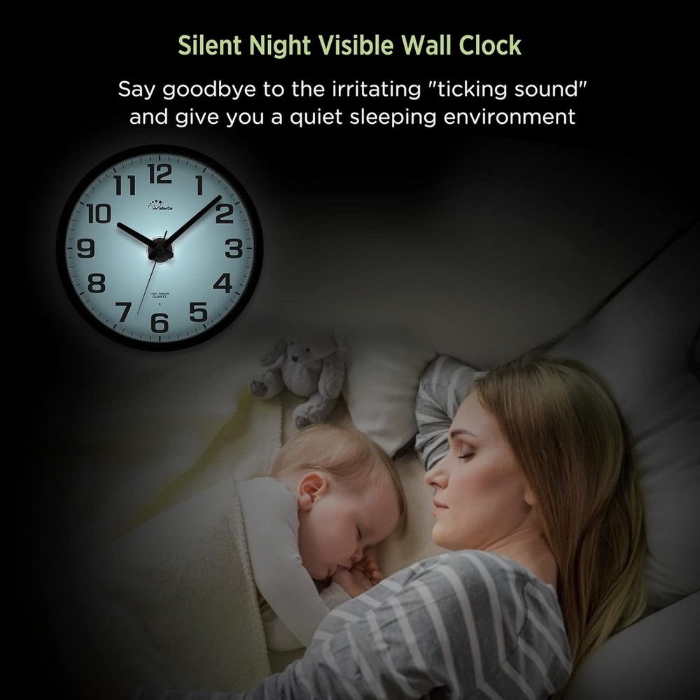 Night Light Wall Clock For Bedroom - Silent Lighted Up Wall Clock Glow