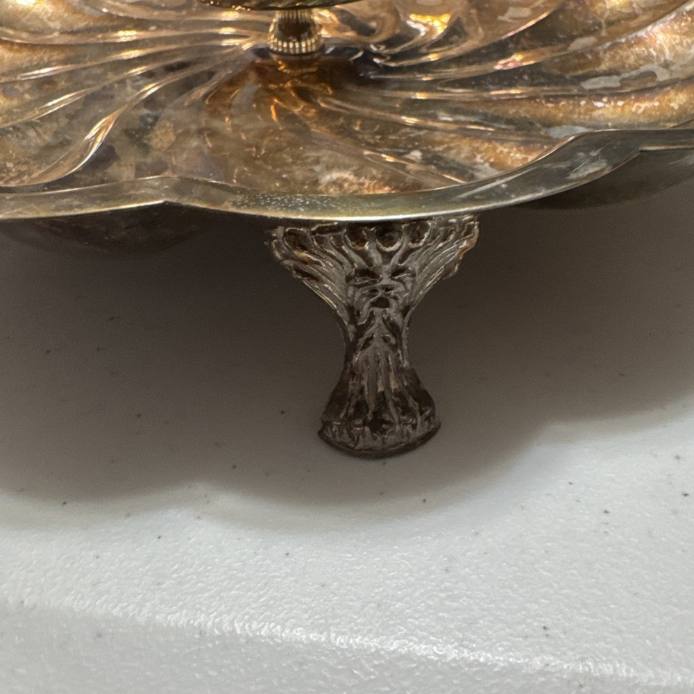 Vintage Silverplate Scalloped Round Shrimp Footed Tray w/ Dip Cup; 11"