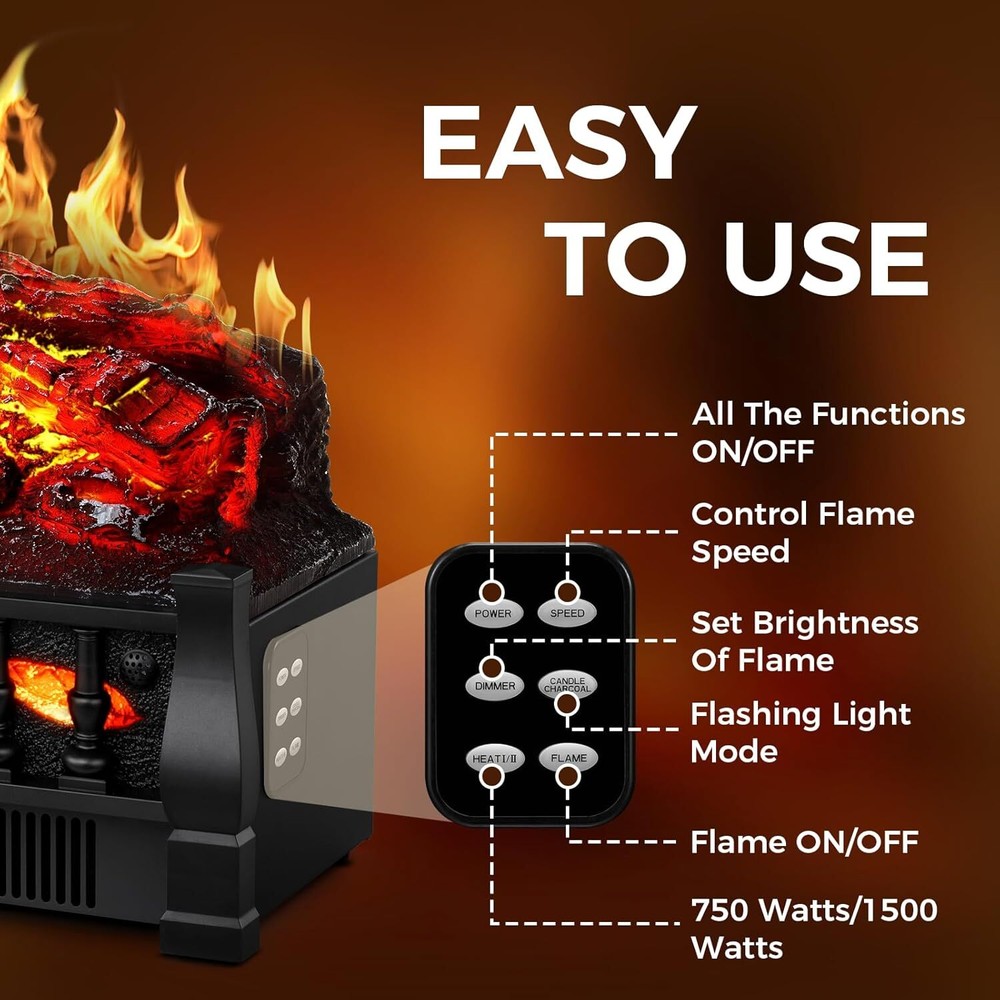 Electric Fireplace Insert Log Heater 21",Adjustable 5 Flame Brightness,5 Speed