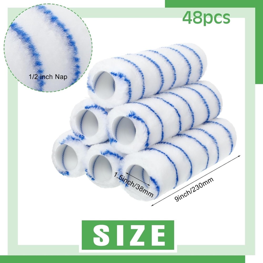 48 Pcs 9" x 1/2" Nap Microfiber Paint Roller Covers - Bulk Refills for Walls