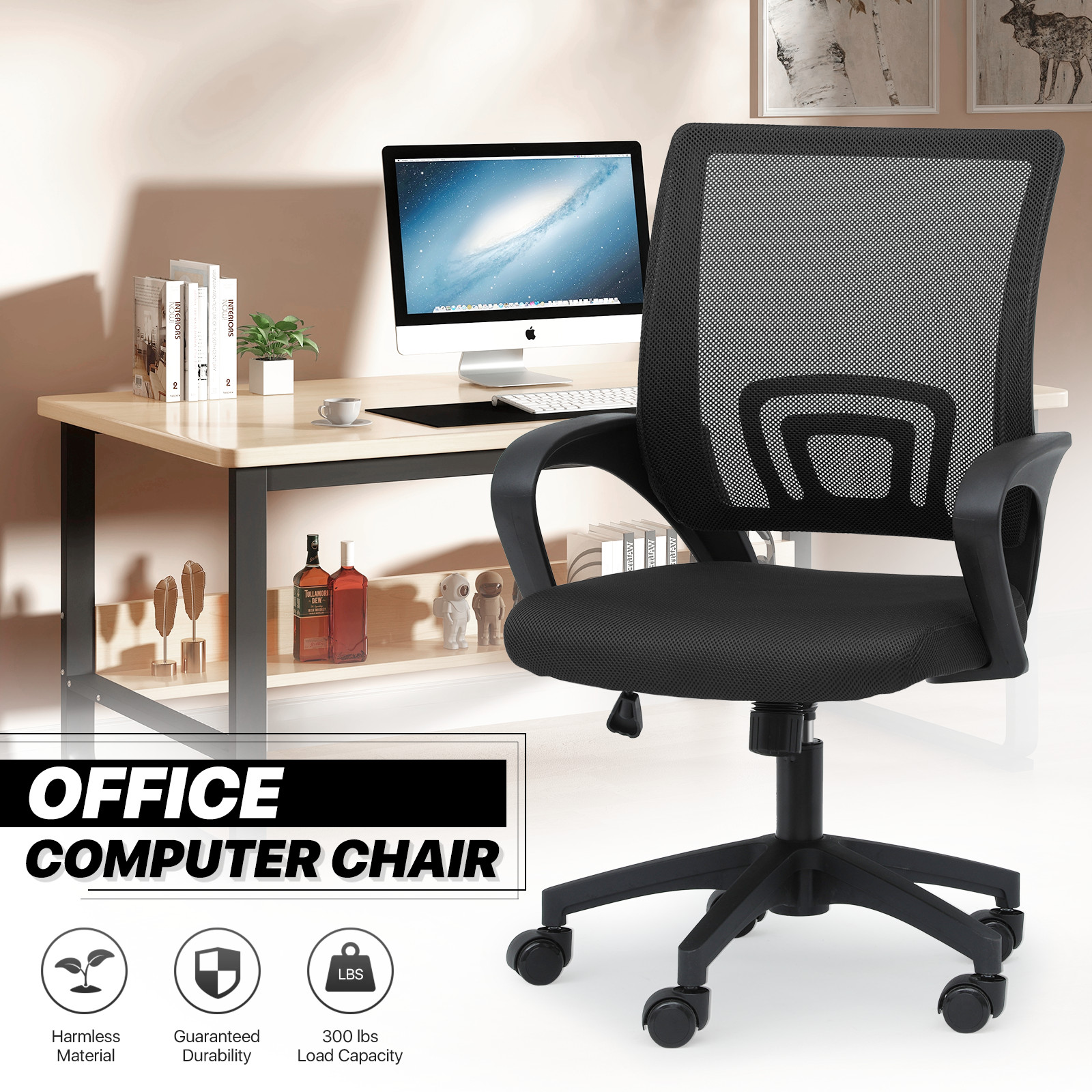 Adjustable Height Swivel Computer Home Office Ergonomic Desk Mesh Chair Black