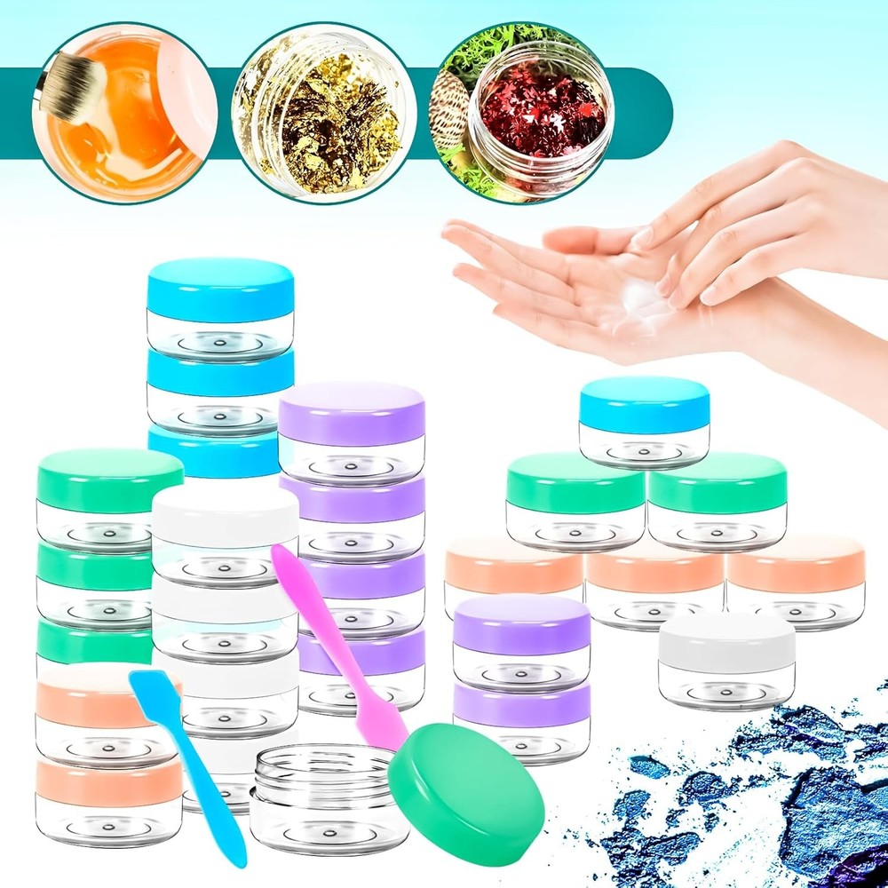 MotBach 50PCS 10g Empty Sample Containers with Colored Lids,Refillable Makeup Sa