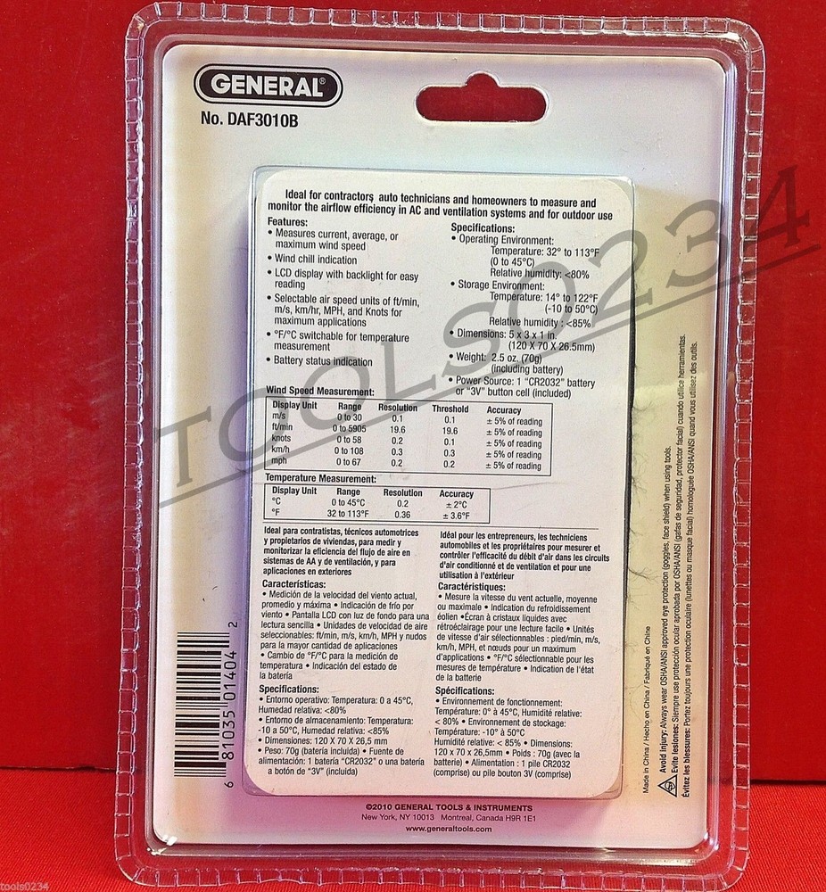 DAF3010B Anemometer Wind Airflow Meter Digital General Tools