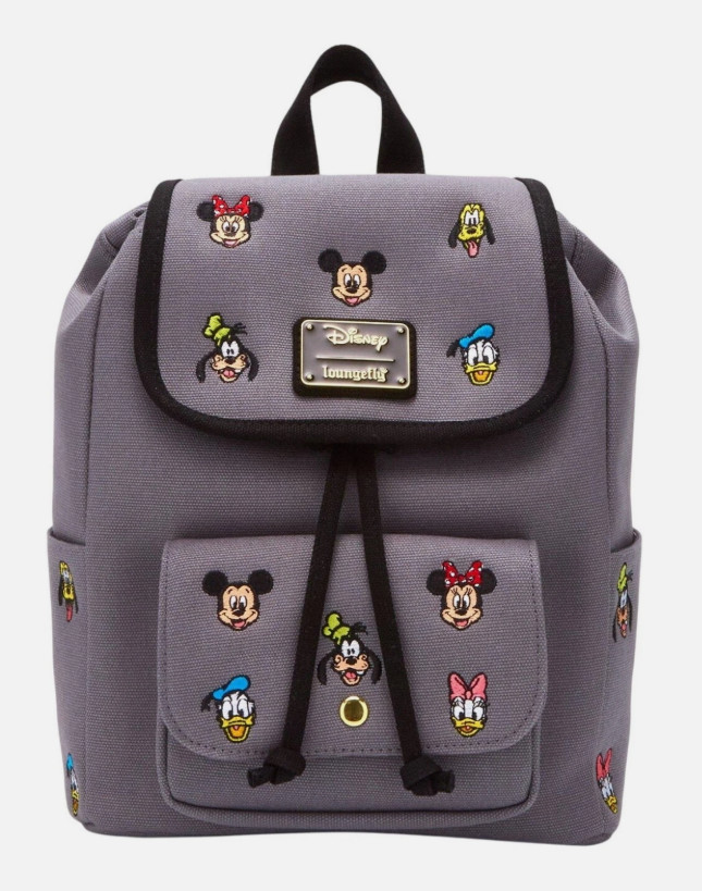 Loungefly Mini Backpack MICKEY FRIENDS Embroidered Gray Canvas Disney Flap