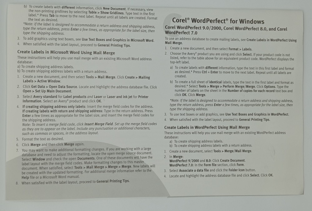 2001 Avery Dennison Label Formatting and Printing Tips Sheet