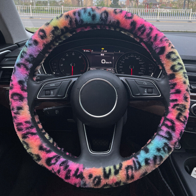 Leopard Soft Plush Car Steering Wheel Cover Protective Case Auto Interior Decor