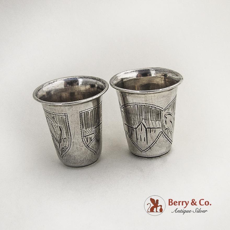 Architectural Engraved Vodka Cups Pair  Russian 84 Standard Silver 1900