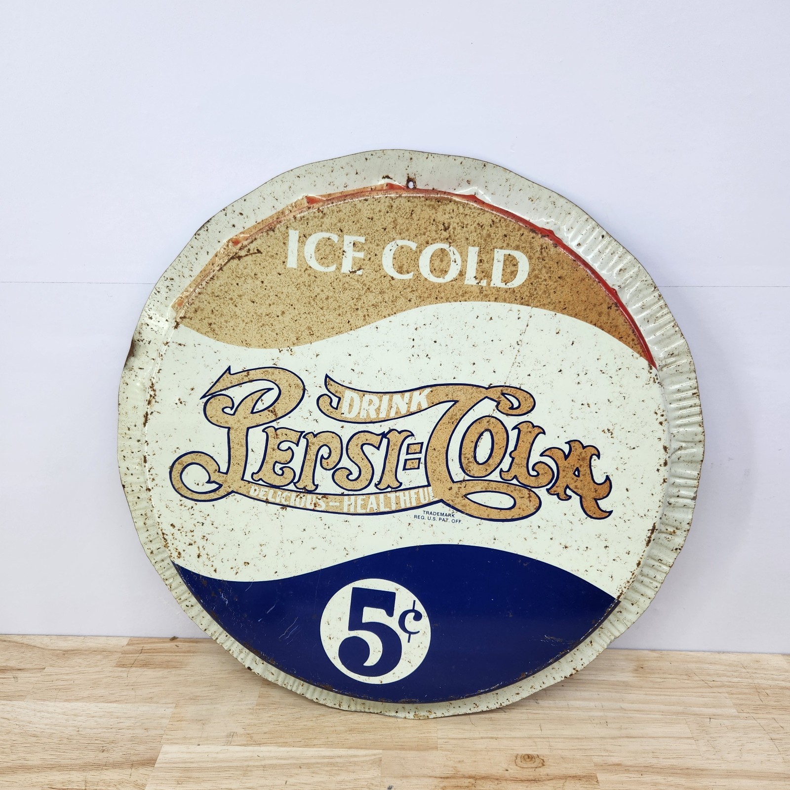 Vintage Pepsi Cola Metal Bottle Cap Sign 18"