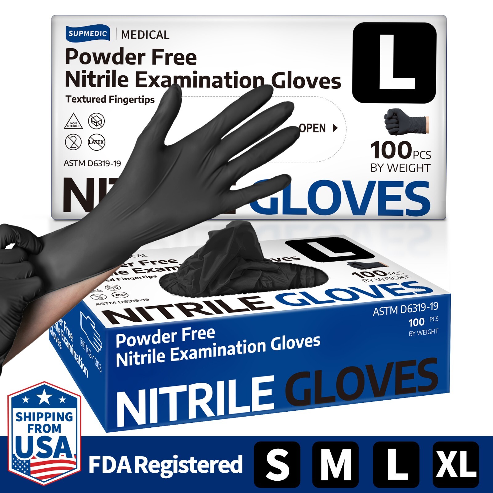 Medical Nitrile Exam Gloves, Black, Powder-Free Food-Safe Clean Disposable Glove