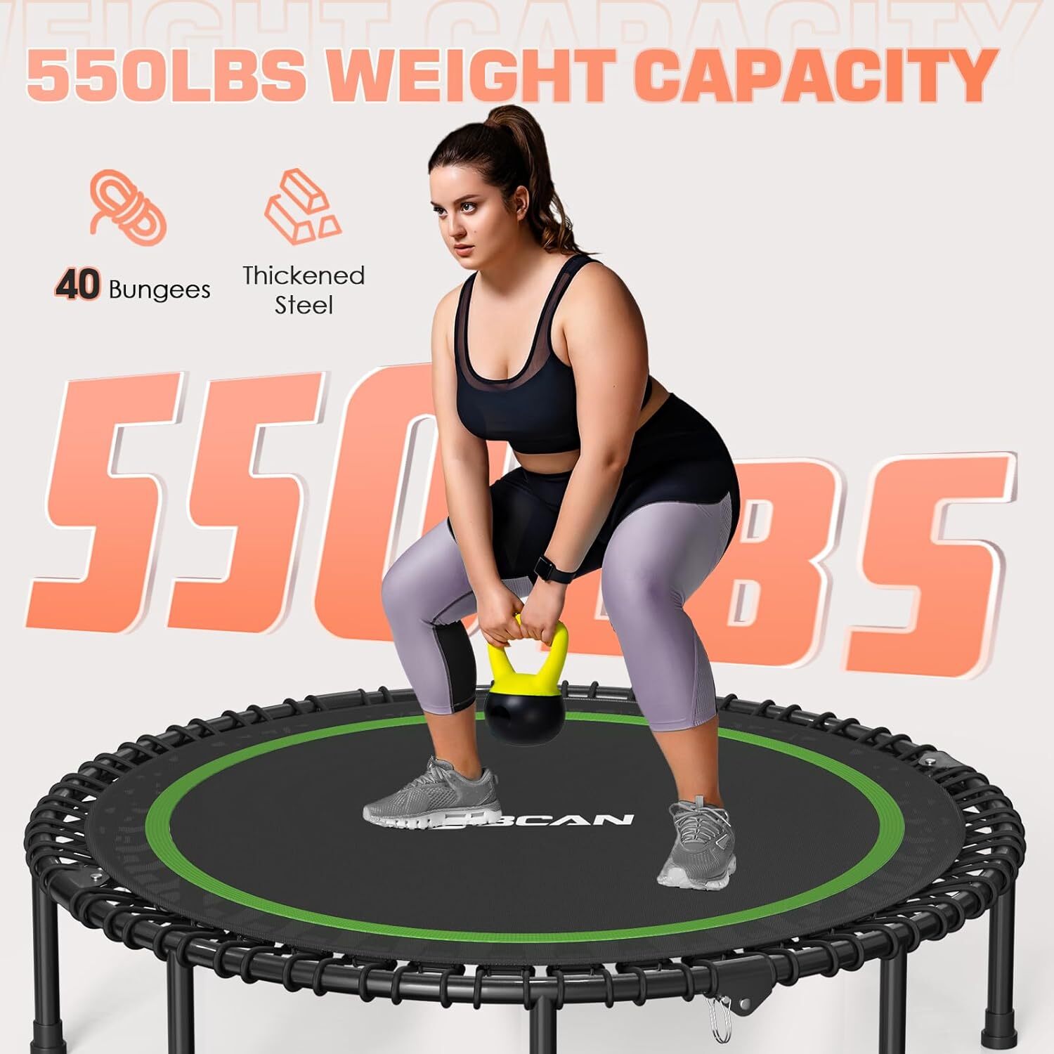 550LBS Foldable Mini Trampoline,48" Fitness Trampoline with Durable Bungees