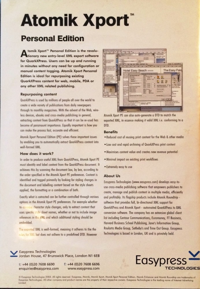 ATOMIK XPORT Personal Edition Easypress Technologies Software QuarkXpress to XML