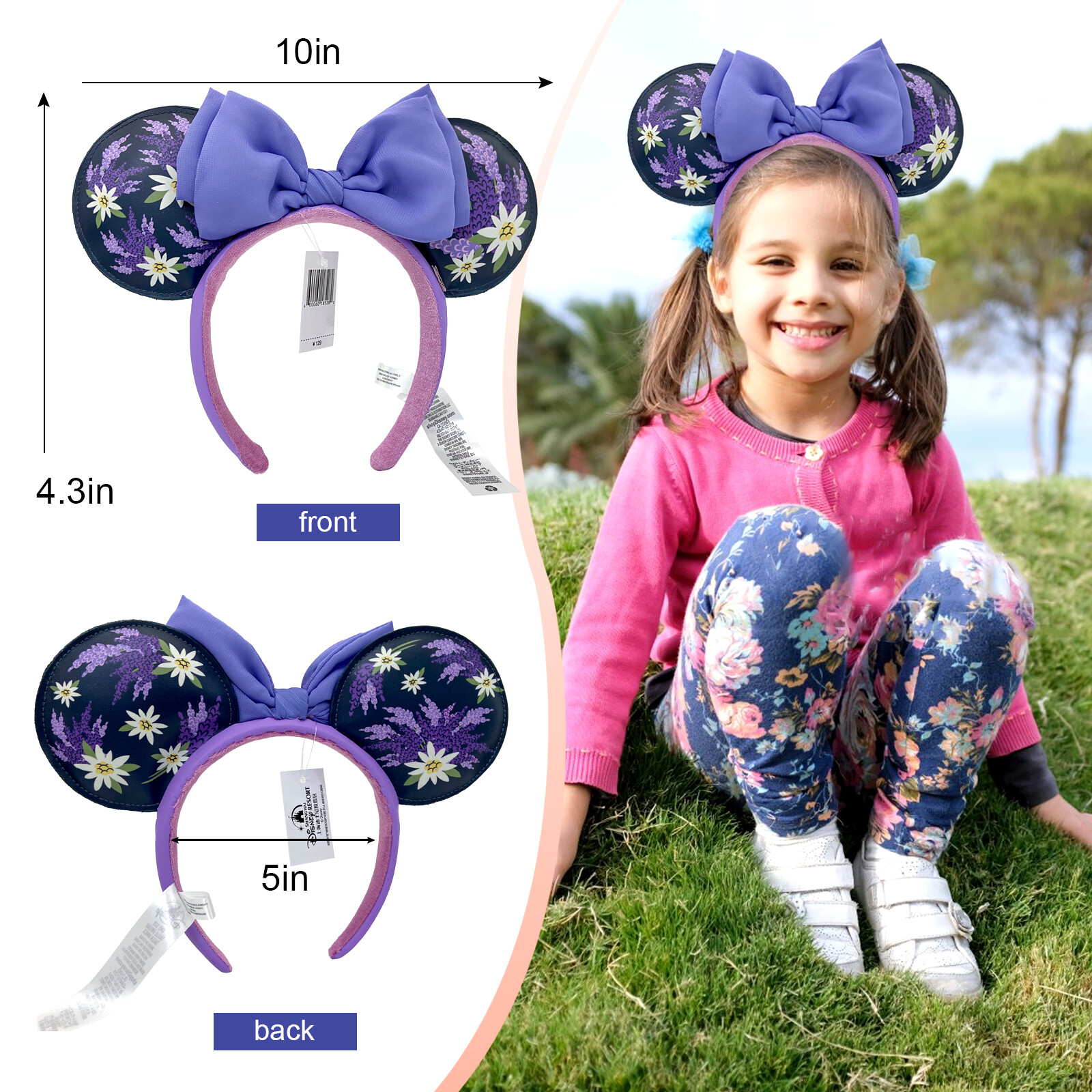 Disney Parks French Lavender Flower Purple Bow Minnie Ears Mickey Mouse Headband