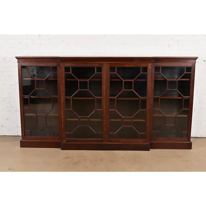Antique Georgian Carved Mahogany Breakfront Bookcase Cabinet, Circa 1900