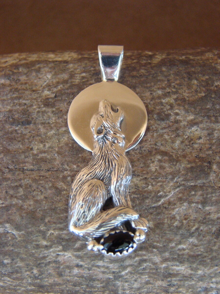 Navajo Indian Sterling Silver Hand Stamped Wolf Onyx Pendant by Yellowhair