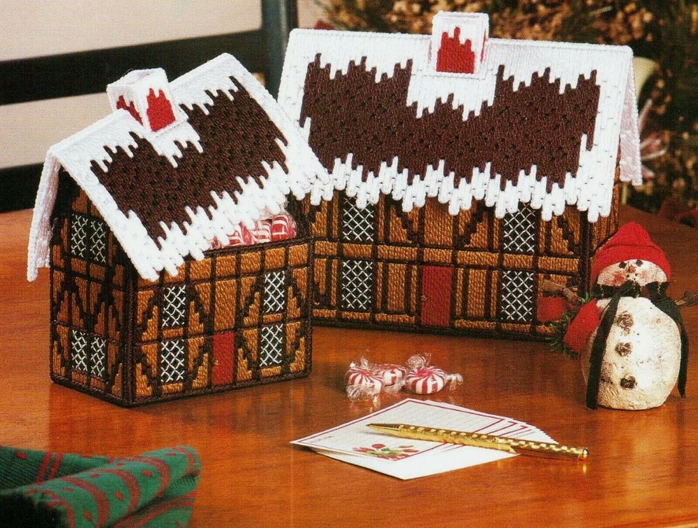 2 SWISS COTTAGES CANDY BOXES CHRISTMAS PLASTIC CANVAS PATTERN INSTRUCTIONS