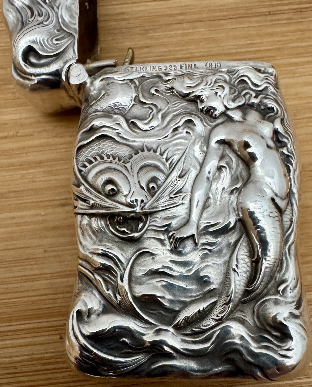 VERY RARE UNGER BROTHERS STERLING MERMAID AND CATFISH MATCH SAFE VESTA C. 1905