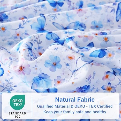 Floral Sheets, Microfiber Blue Flower Printed Fitted Full Blue Butterfly