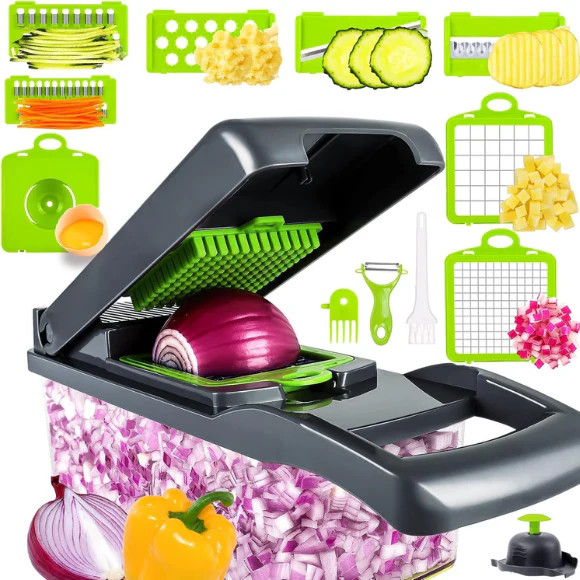 Professional Compact Vegetable Food Cutter Chopper (9 Inserts) Grey Green 🥒