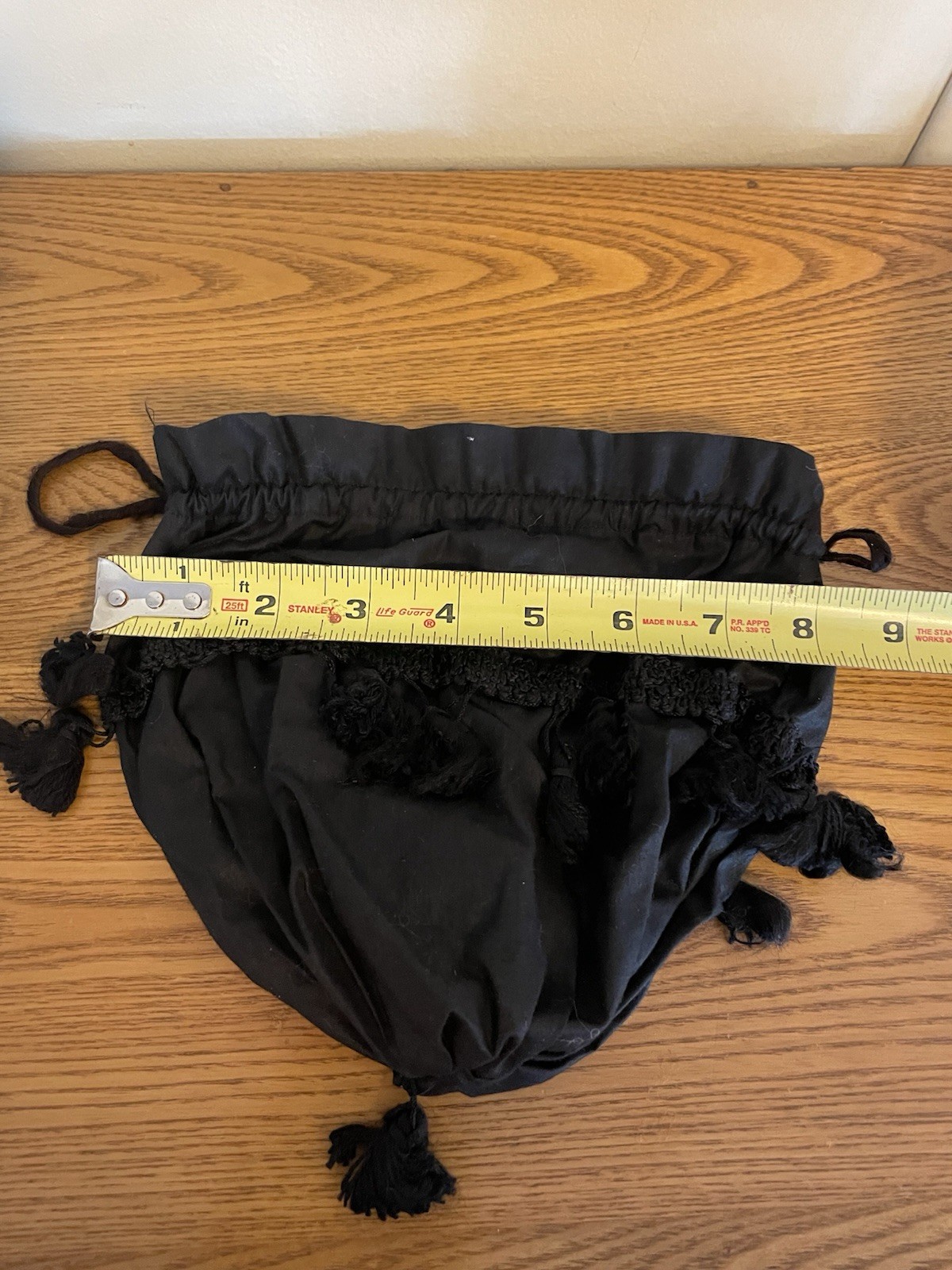 Victorian 1800s Reproduction Drawstring Black Fabric Purse Bag Tassels