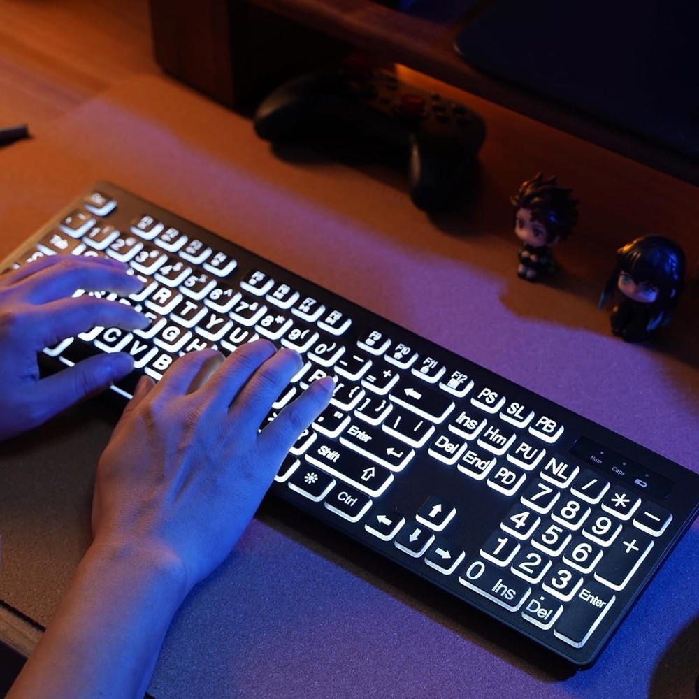 Rechargeable Backlit Large Print Keyboard with Mouse for Enhanced Visibility