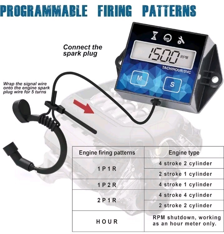 Small Engine Digital Tachometer Hour Meter Maintenance Reminder *No Manual*