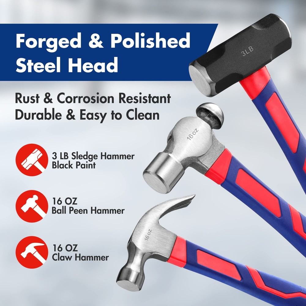 WORKPRO 5-Piece Hammer Set: Sledge, Ball Peen, Claw, Rubber, Double-Faced Mallet