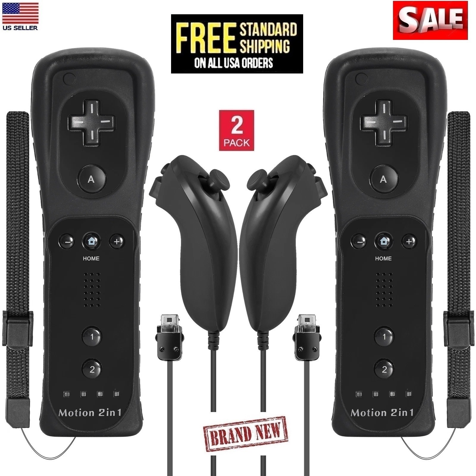 2Pack Built-in Motion Plus Wii Remote & Nunchuck Controller for Wii U Console