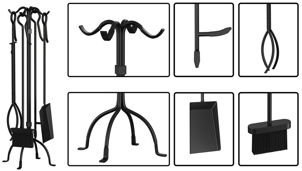 5-Piece Fireplace Tools Set Heavy Duty Wrought Iron Toolset Black