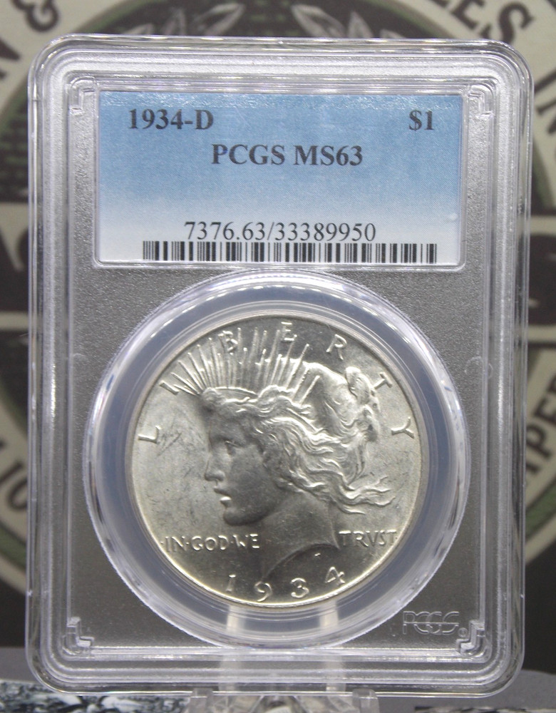 1934 "D" Peace SILVER Dollar $1 PCGS MS63 #050 Unc BU Uncirculated ECC&C, Inc.