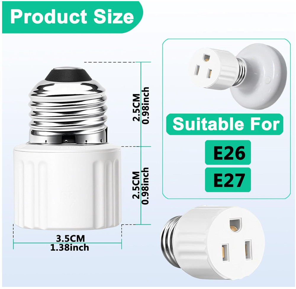 3 Pack E26/E27 Light Socket to Plug Adapter 2/3 Prong Light Bulb Outlet Adapter