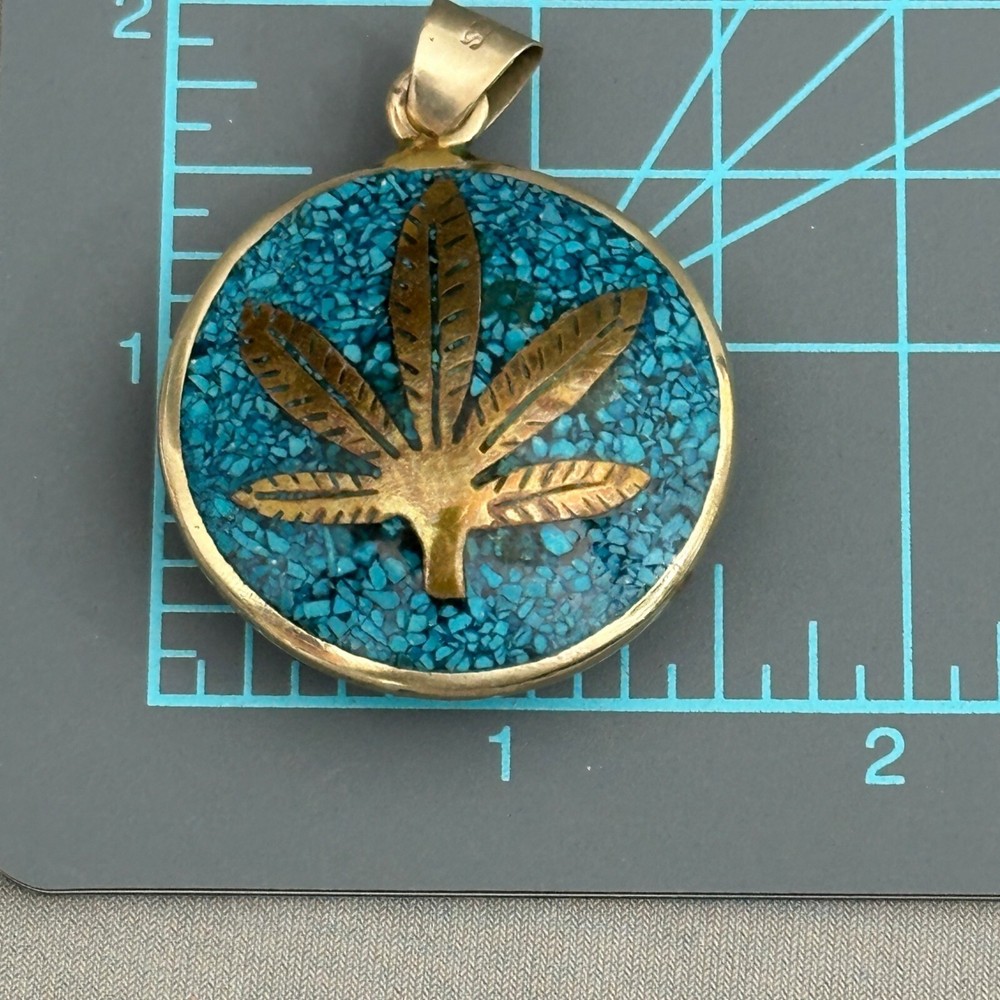 Vintage Turquoise Chip Pendant Leaf Sun Mexico Copper