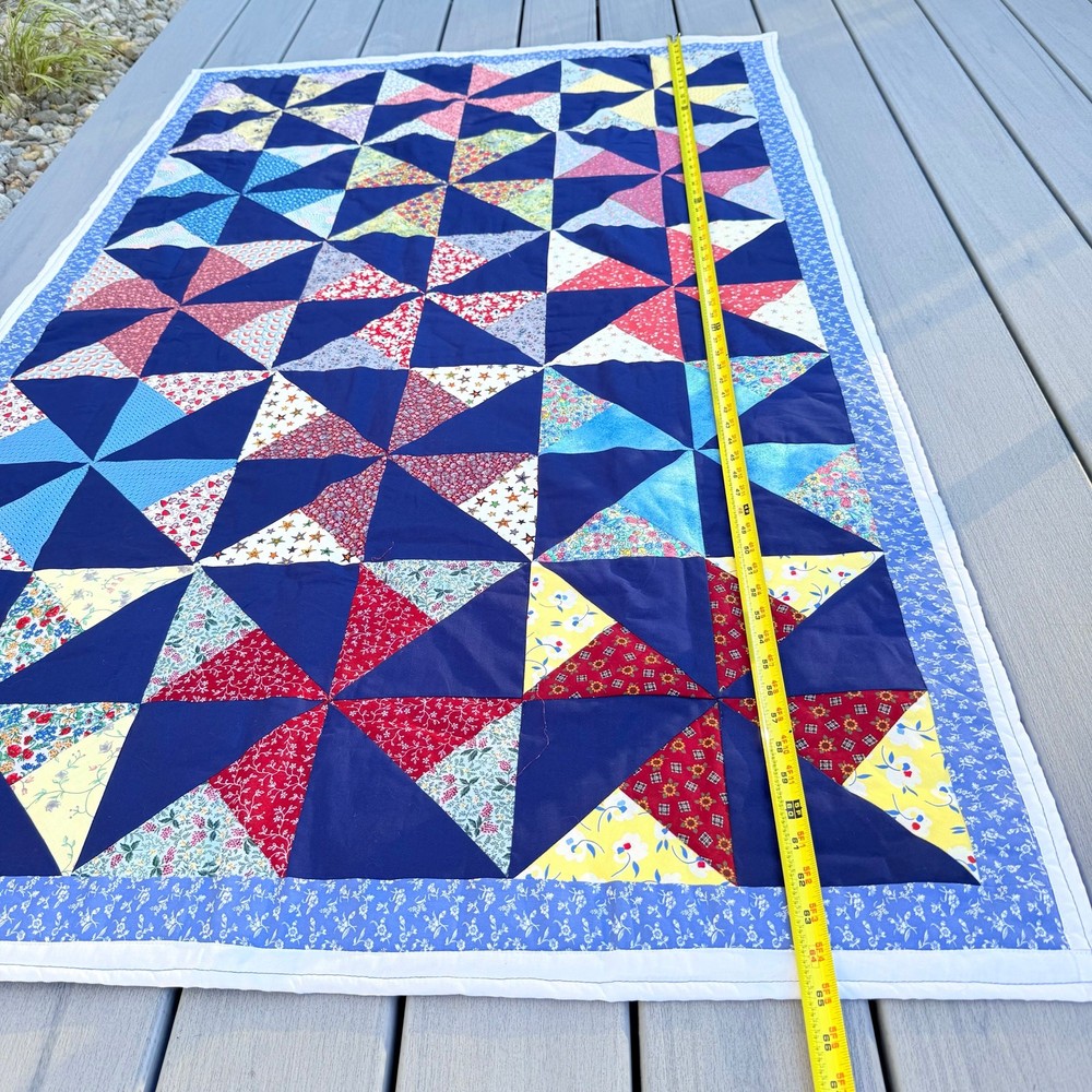 Handmade half square triangle quilt multi-colored pinwheel pattern 65" x 40"