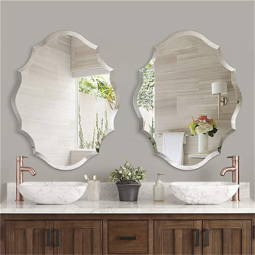 Scalloped Edged Oval Wall Mirror Frameless Wide Beveled Statement Accent Decor