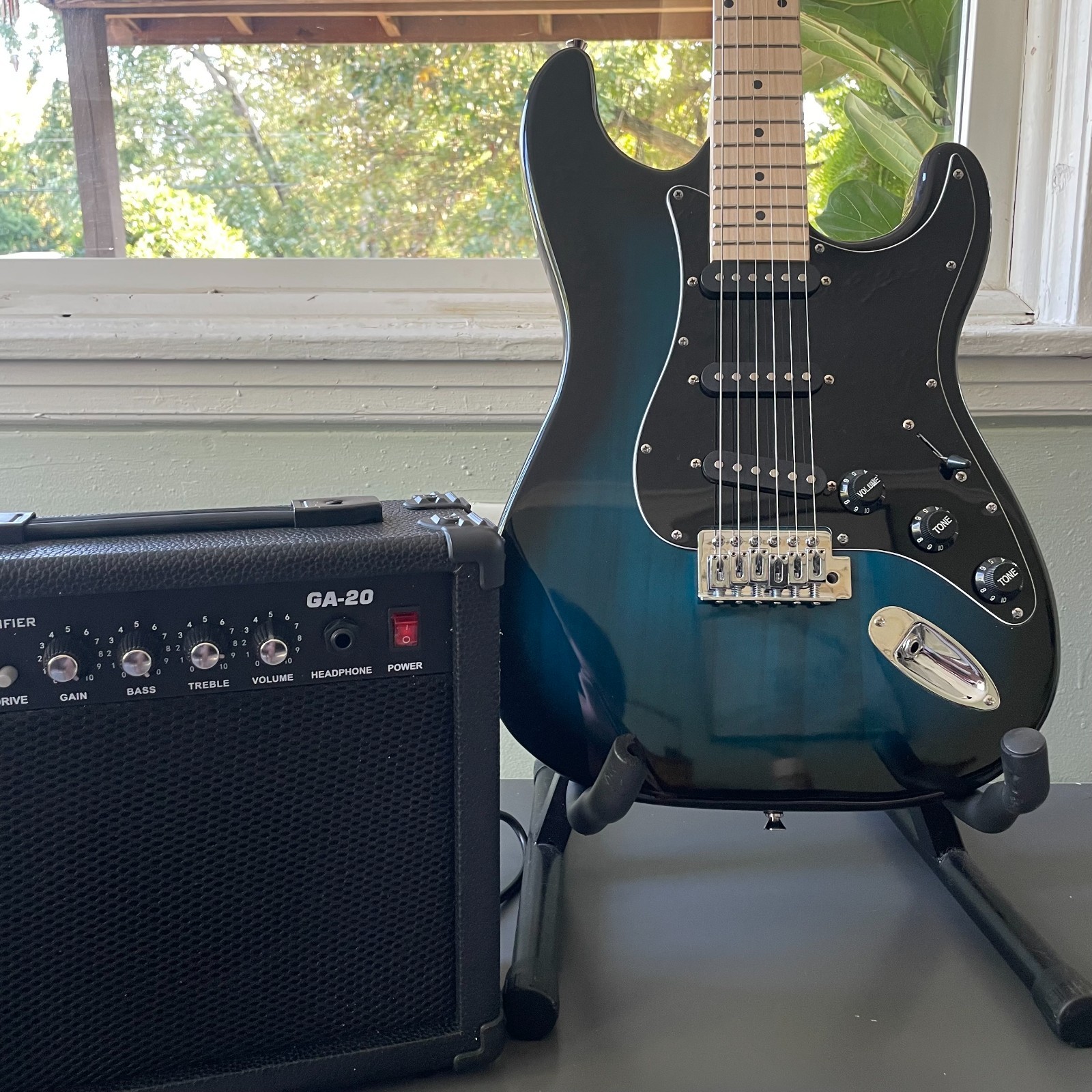 Blue Electric Guitar Starter Package with 20-Watt Amp and Accessories Full-Size