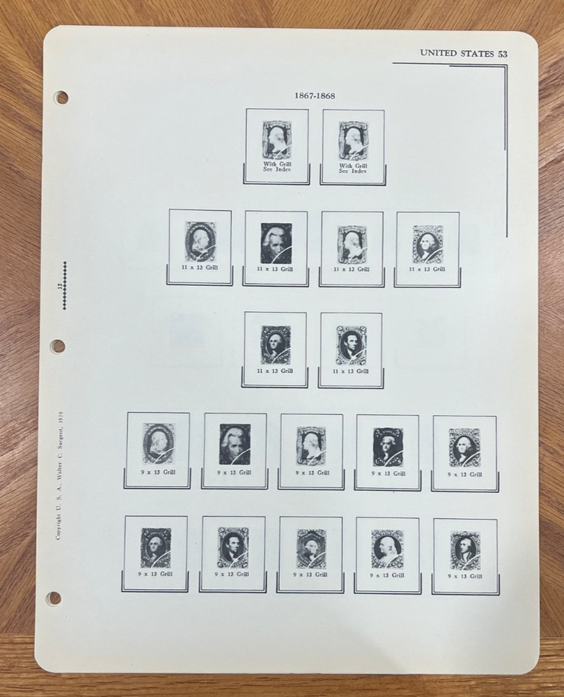 VINTAGE SARGENT LOOSE LEAF STAMP ALBUM PAGES #111 REGULAR ISSUES, 19TH CENTURY