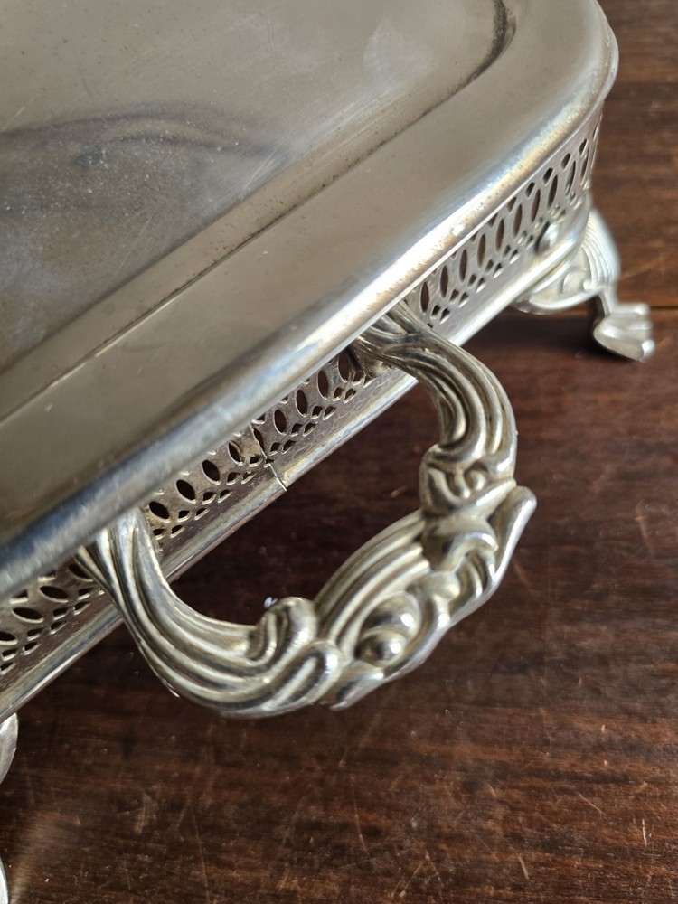 VTG Silver Plated Square Footed Buffet Casserole Dish Holder W/Lid & Glass Pan