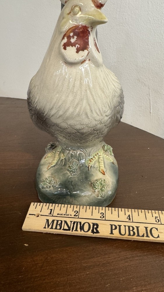 Vintage Ceramic Rooster Distressed Planter Pot Or Container. Large Rustic Glazed