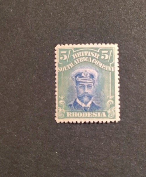 1913 Rhodesia Stamp Scott #135var: 5s Green Admiral, Perf 15, MLH, OG