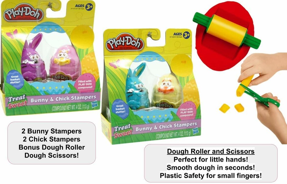 Play Doh Bunny/Chick Bundle(4 Stamper,Scissors,Roller)Easter Basket Party Favor