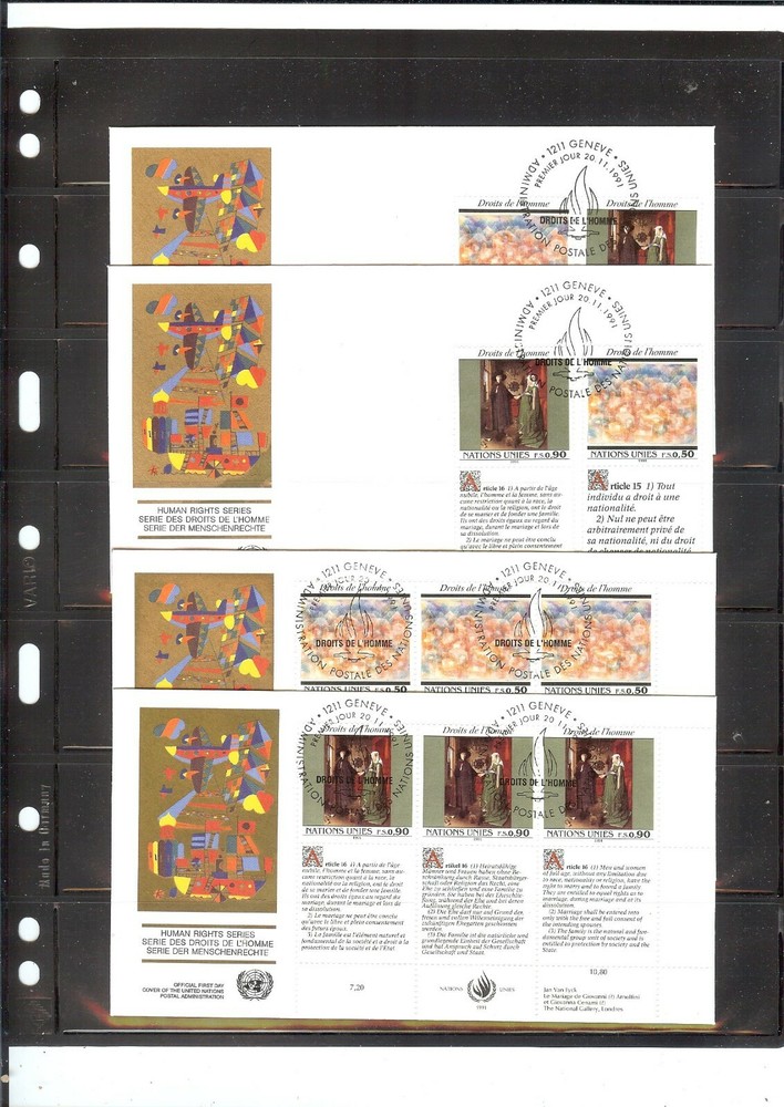 1991 Human Rights FDC's (Combos & MIB's/3) - Geneva Office - UNPA Cachet - (436)