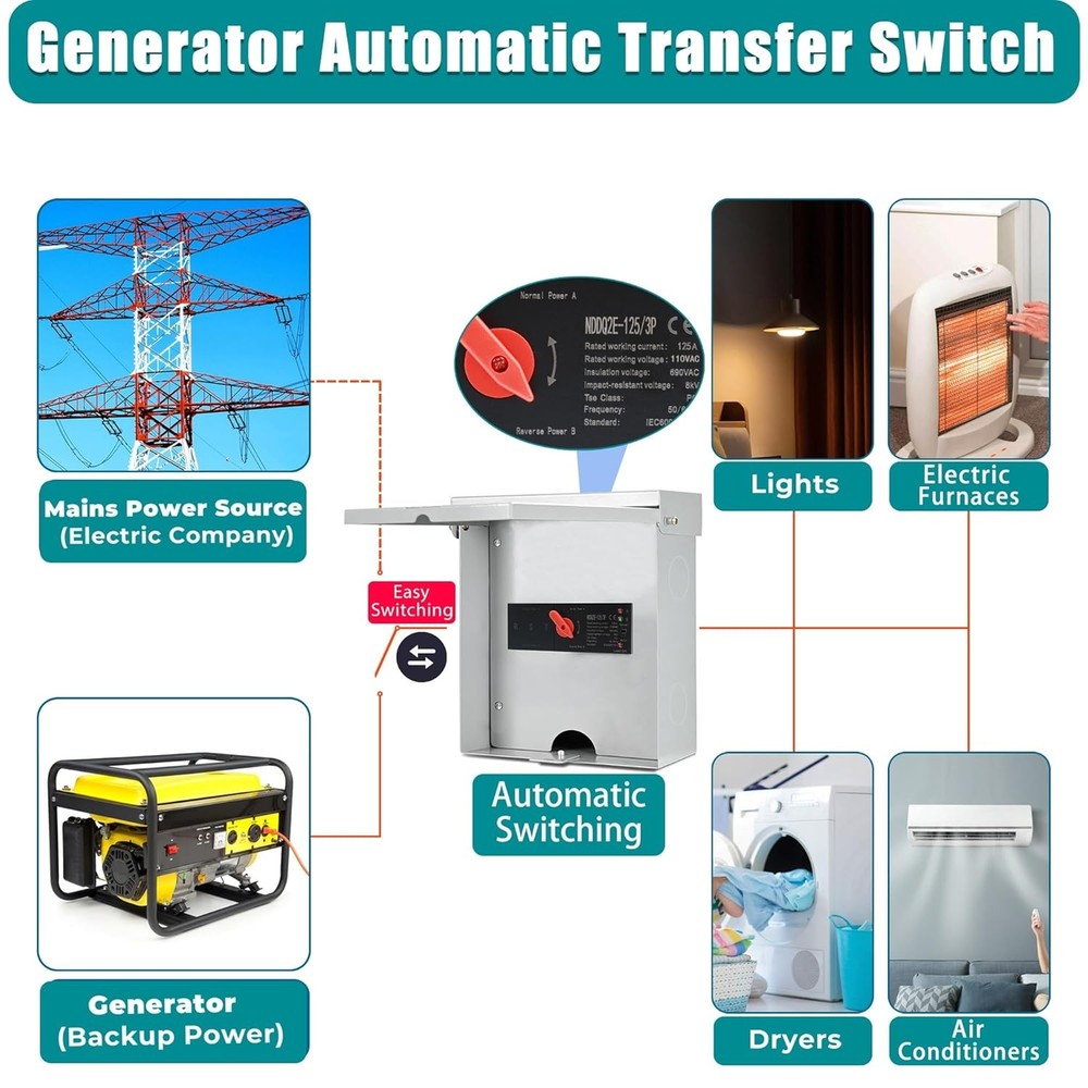 Automatic Transfer Switch, 125 Amp 3 Pole Auto Transfer Switch for Home Generato