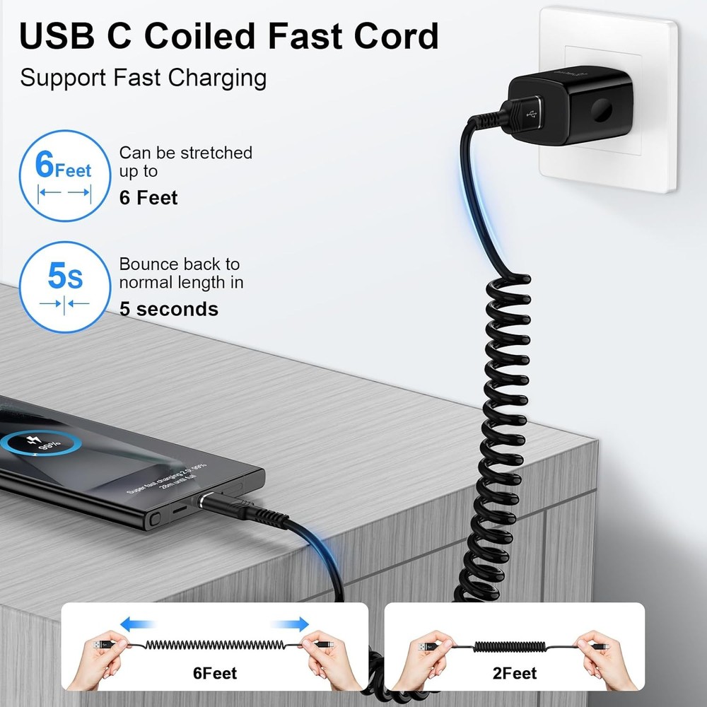 USB to C Coiled Cable Fast Charging 6FT, Retractable C Car Black
