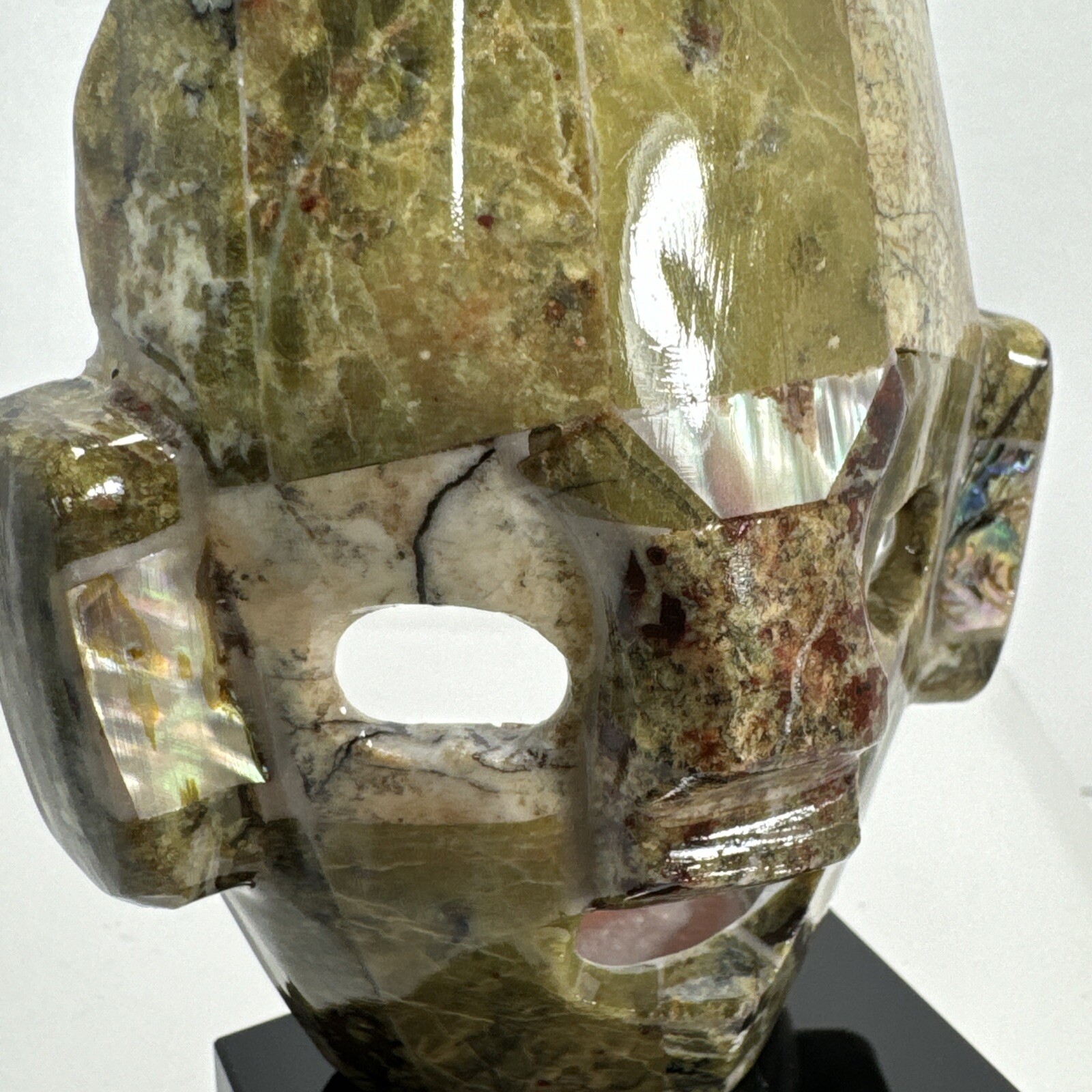 Mexican Mayan Tribal Burial Face Mask Green Stones Mixed Abalone Shell Onyx Base