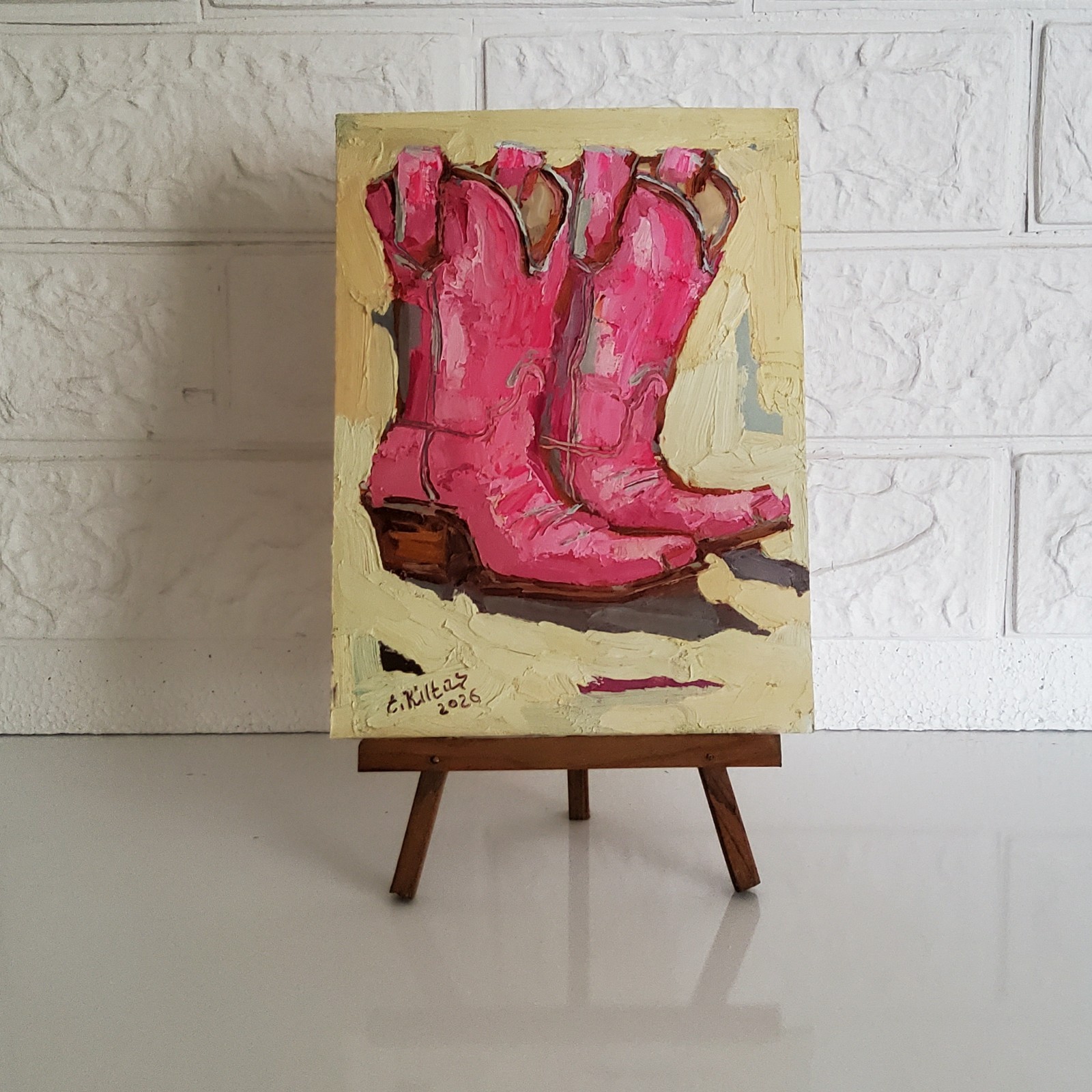 Pink Cowgirl Boots Cowboy Painting Original Oil Art Abstract Modern Wall Artwork