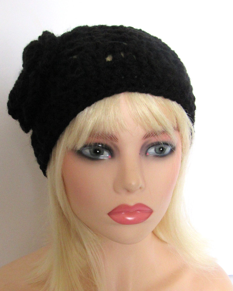 BOHO BEANIE HAT CAP SOLID BLACK OPEN WEAVE MESH HANDMADE CROCHET WITH FLOWER