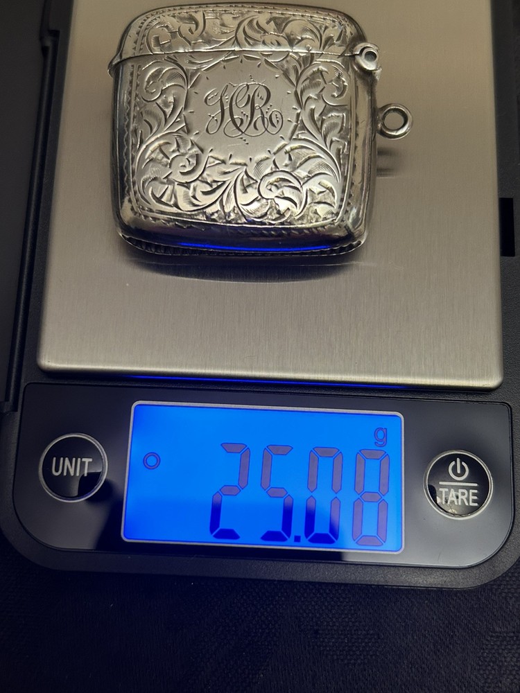 antique solid silver vesta box initials HR