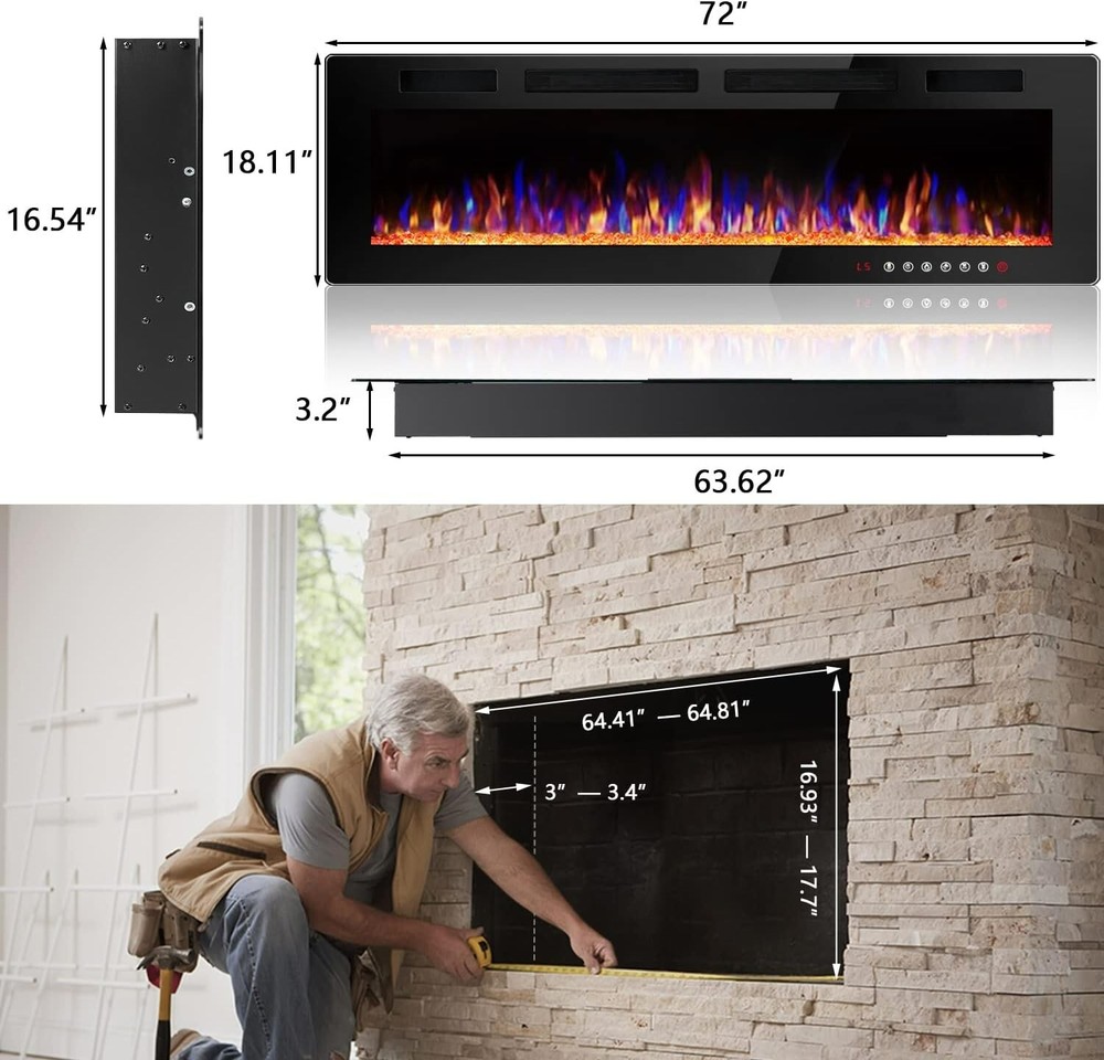 72'' Ultra-Thin Silence Linear Electric Fireplace Recessed Wall Mounted 8h Timer