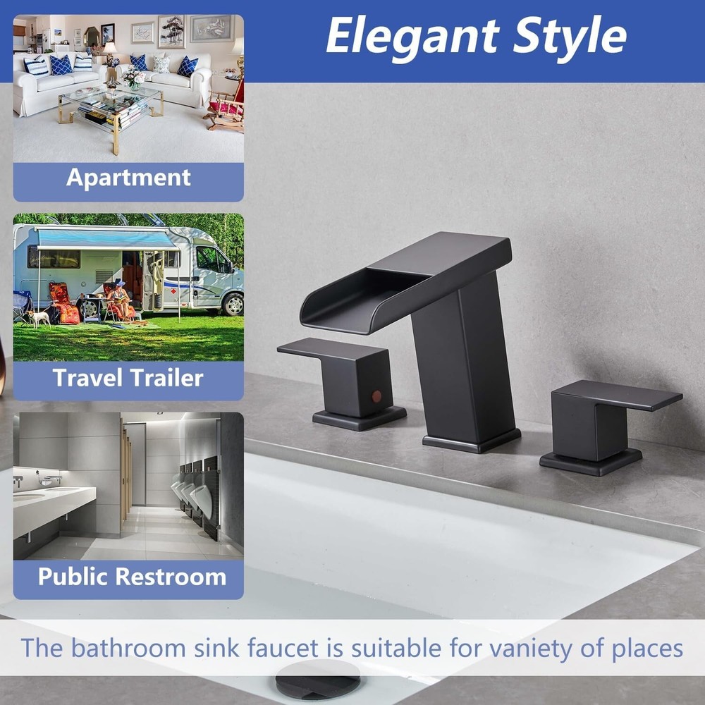 Loopan Matte Black 8" Widespread 3-Hole Waterfall Spout