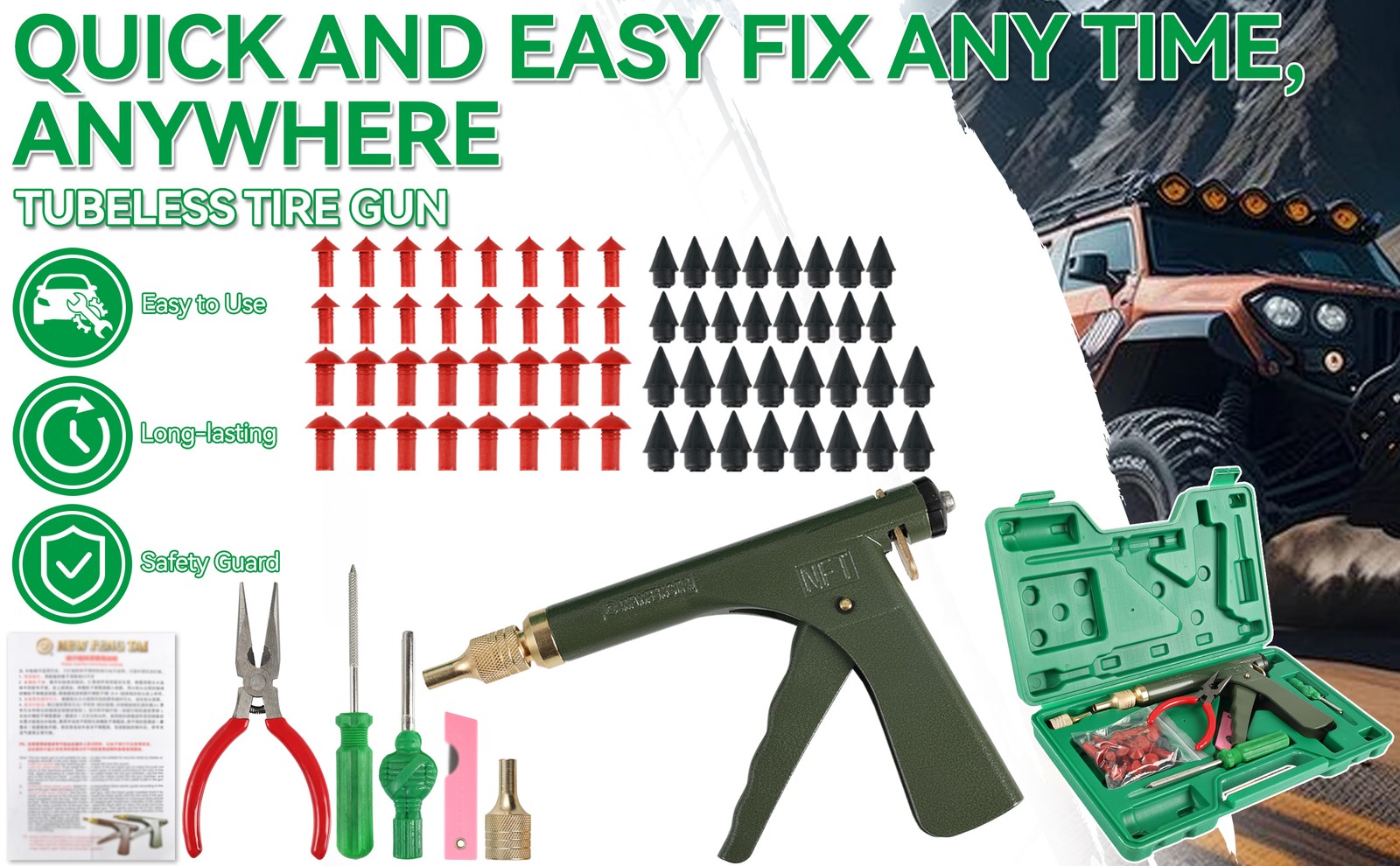 72pcs Tire Wheel Repair Gun Kit Mushroom Plug Probe Nozzle Tire Plugger Tubeless